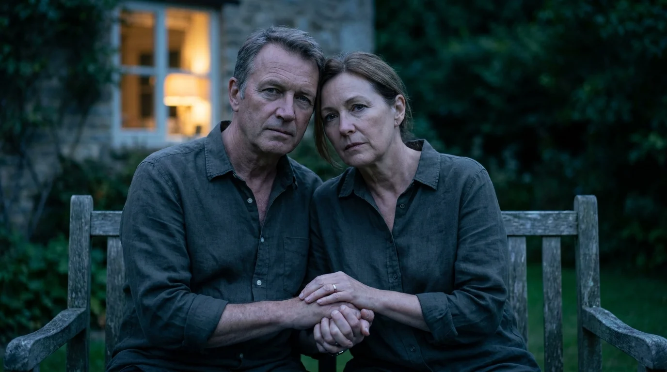 A couple has a serious, supportive conversation on a garden bench at twilight, emphasizing trust and mutual support.