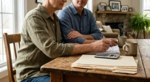 A couple sits at a sunlit wooden table reviewing financial documents together in a warm, comfortable home setting.