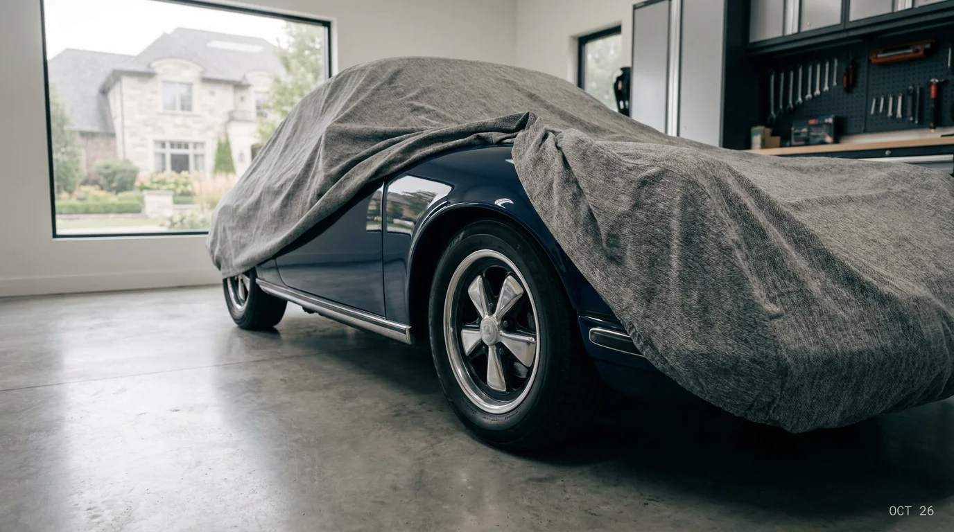A covered vintage sports car in a garage with a high-value home in the background, representing specialized insurance needs.