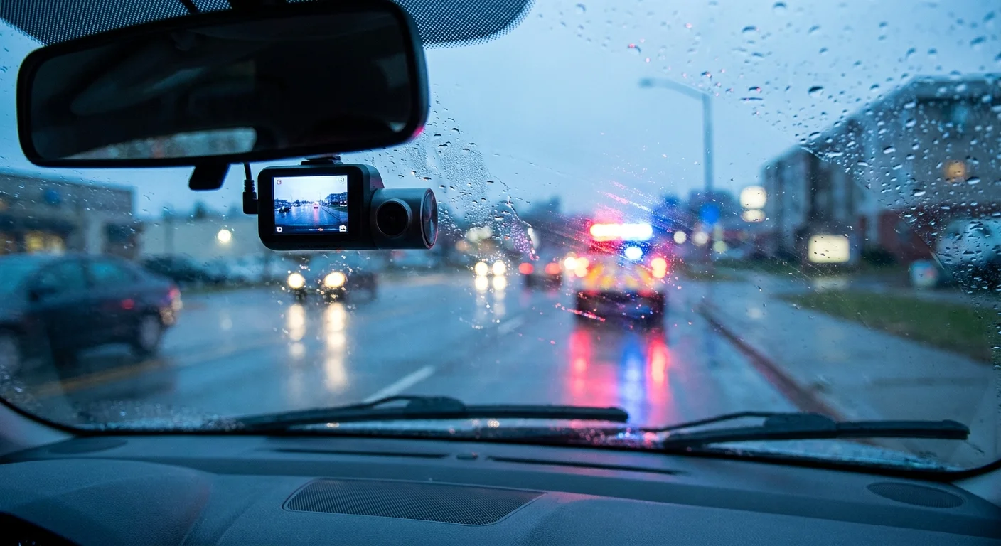 A dashcam mounted on a car windshield during a rainy night with police lights reflecting outside.