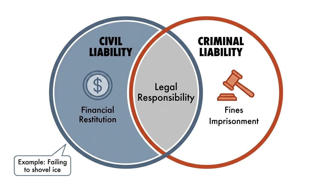 A diagram comparing Civil Liability and Criminal Liability with labels for financial restitution and state penalties.