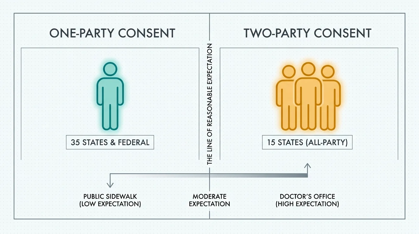 A diagram comparing one-party and two-party consent laws across different US states.