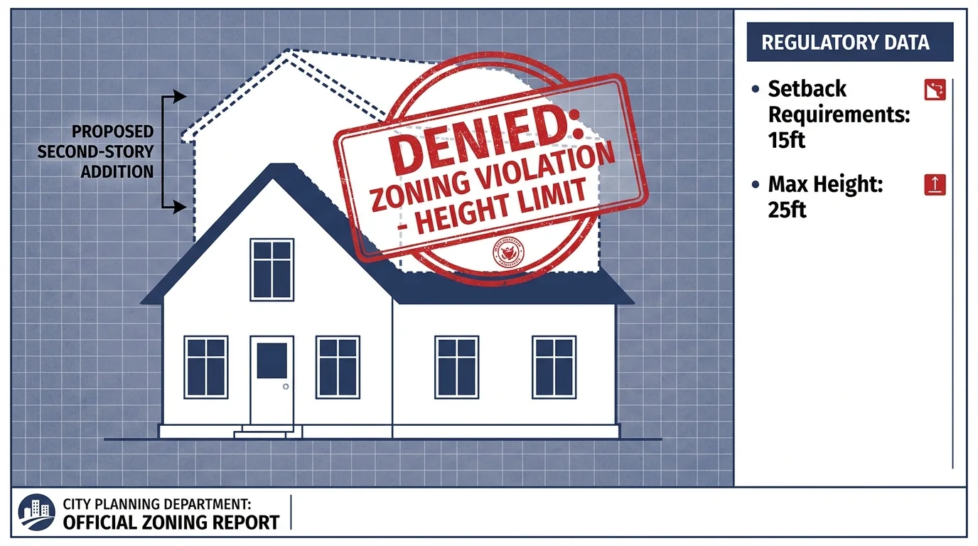 A diagram of a house addition with a red 'Denied' stamp and local zoning height and setback requirements.