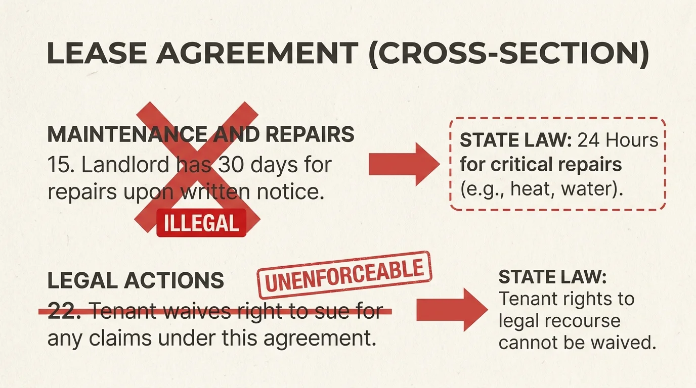 A diagram of a lease agreement where illegal clauses are crossed out and replaced with the correct state law.