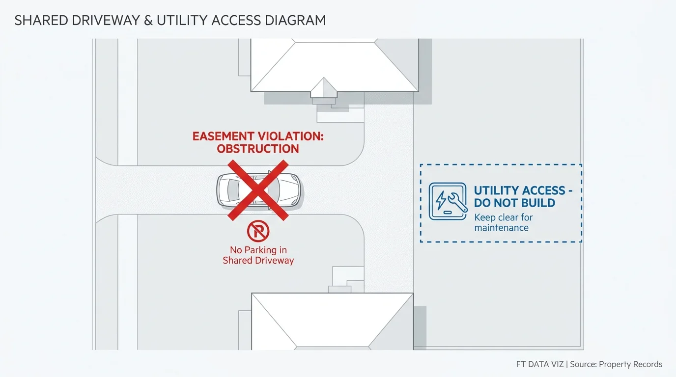 A diagram of a shared driveway showing a vehicle blocking the right-of-way, labeled as an easement violation.