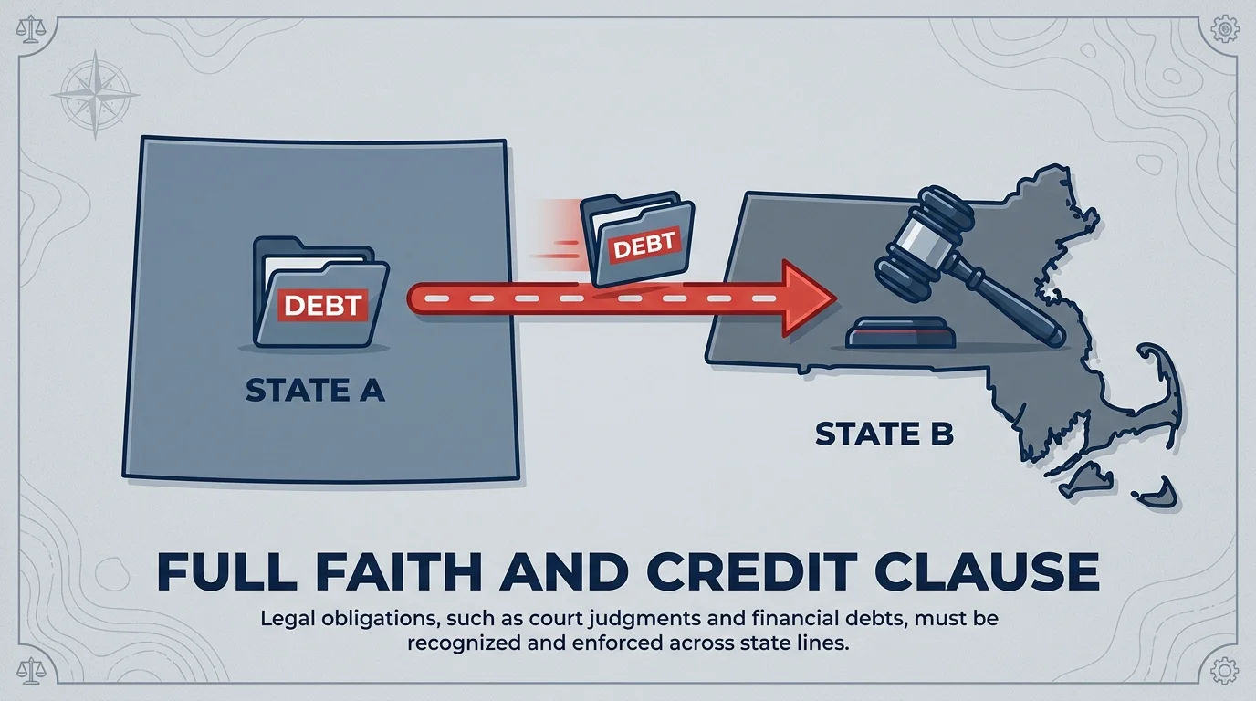 A diagram showing a debt folder moving across state lines along an arrow, indicating that debt follows the debtor.