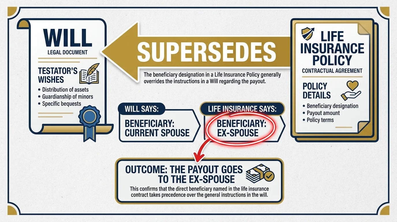 A diagram showing that beneficiary designations on insurance policies supersede instructions in a will.