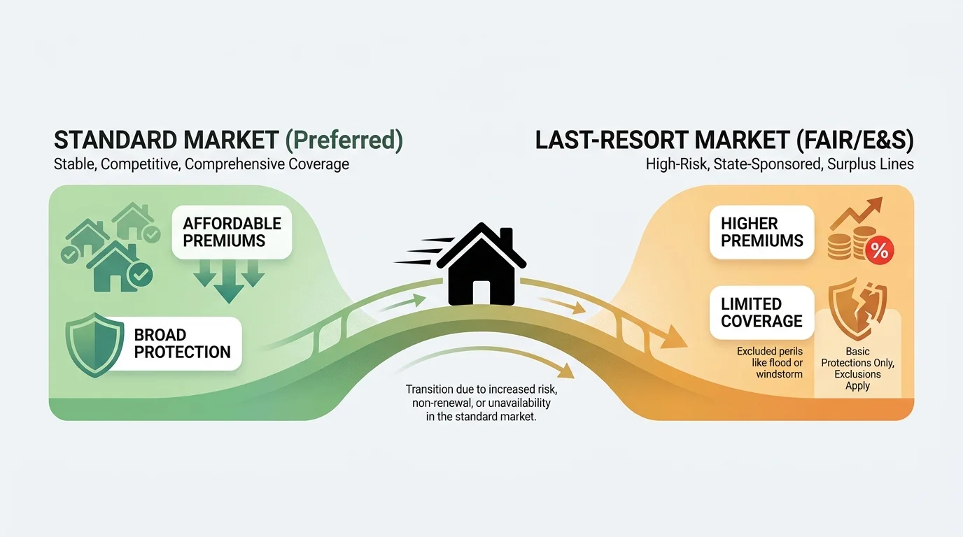 A diagram showing the transition of a property from the standard insurance market to the last-resort FAIR or E&S market.