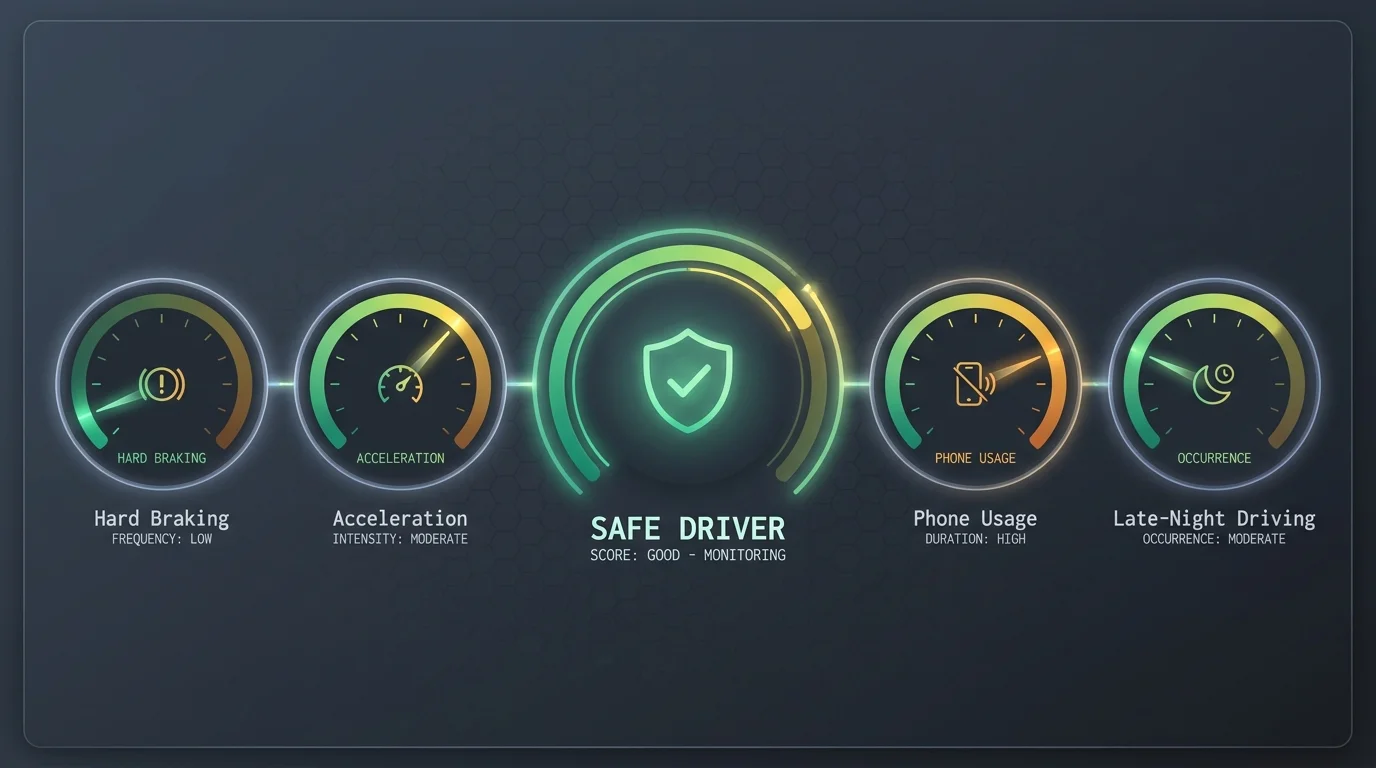 A digital dashboard showing tracking categories for telematics like phone usage and hard braking.