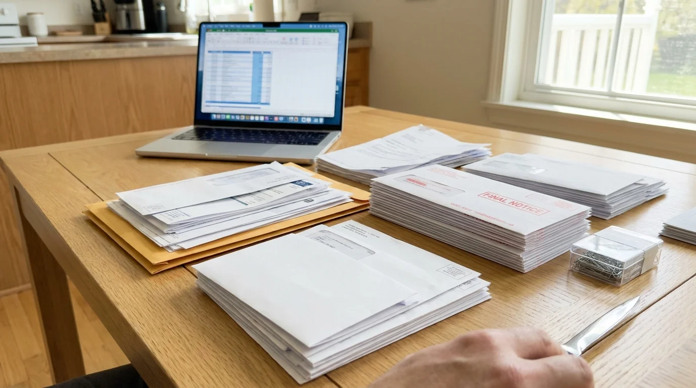 A dining table covered in organized piles of mail and a laptop, suggesting the administrative phase of estate management.