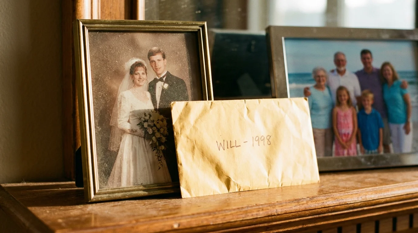 A dusty 1990s wedding photo sits next to a newer family photo, with an outdated 'Will' envelope leaning against the old frame.