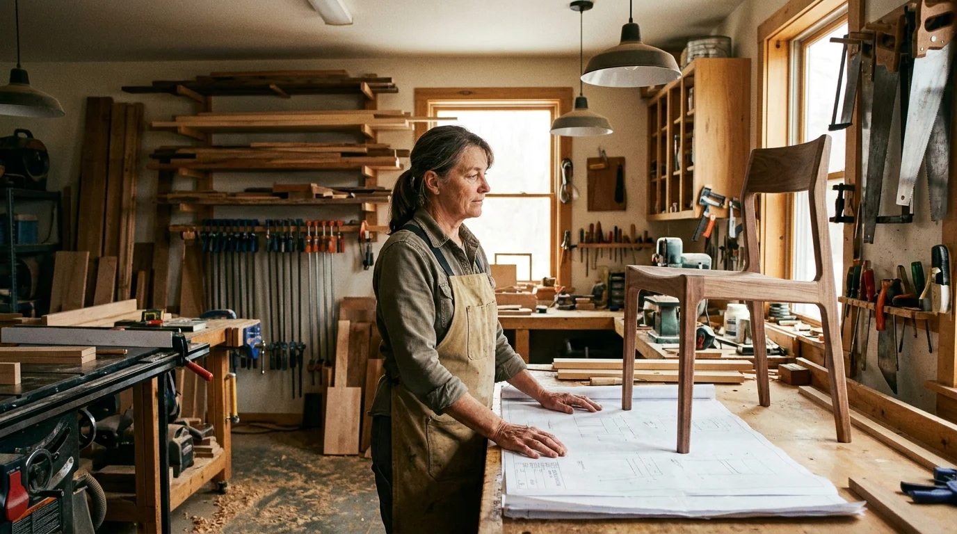A female small business owner in her workshop looks thoughtfully at blueprints on a workbench.