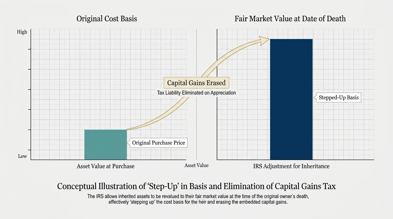 A financial bar chart comparing original cost basis to fair market value at death, illustrating the step-up in basis.