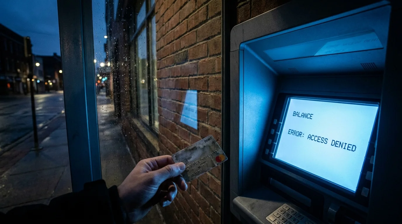 A first-person view of an ATM screen showing an access error, with a hand holding a debit card.