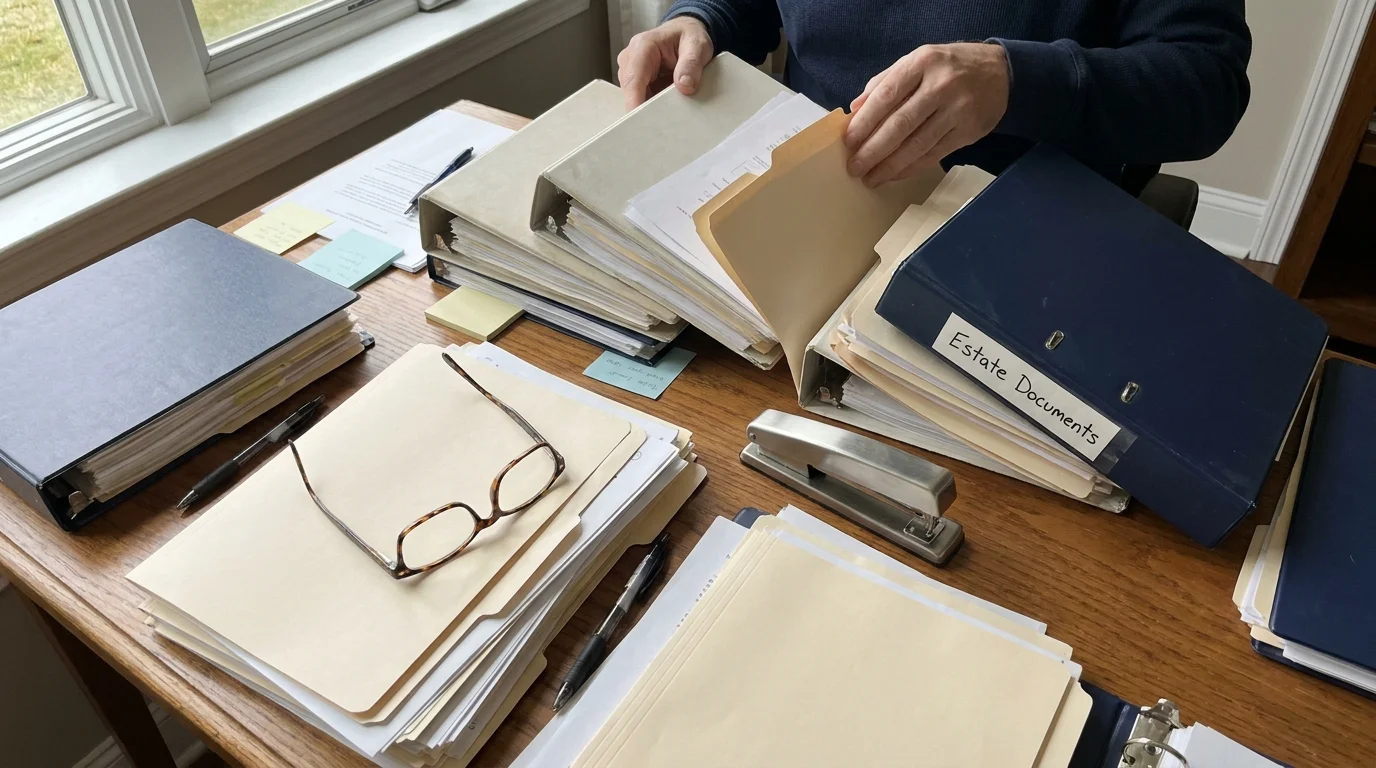 A flat lay photo of binders and folders being organized on a wooden desk, including one labeled Estate Documents.