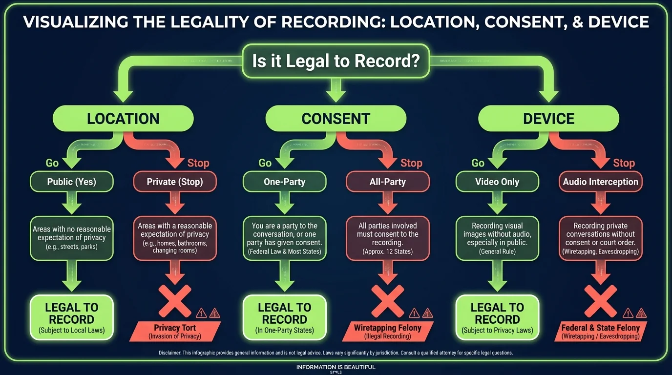 A flowchart helping users determine the legality of recording based on location, consent, and device type.