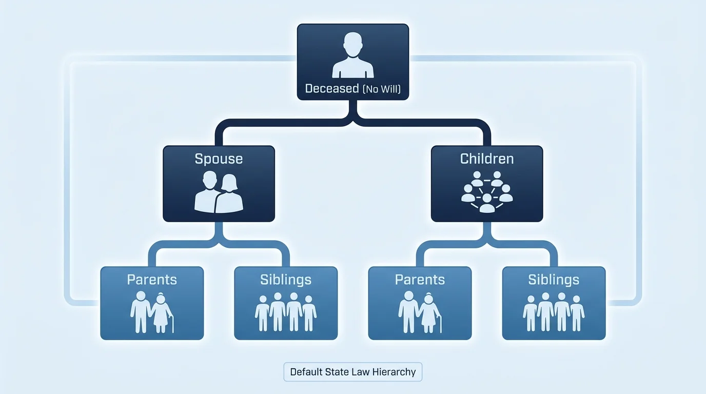 A flowchart showing the legal hierarchy of inheritance for someone who dies without a will.