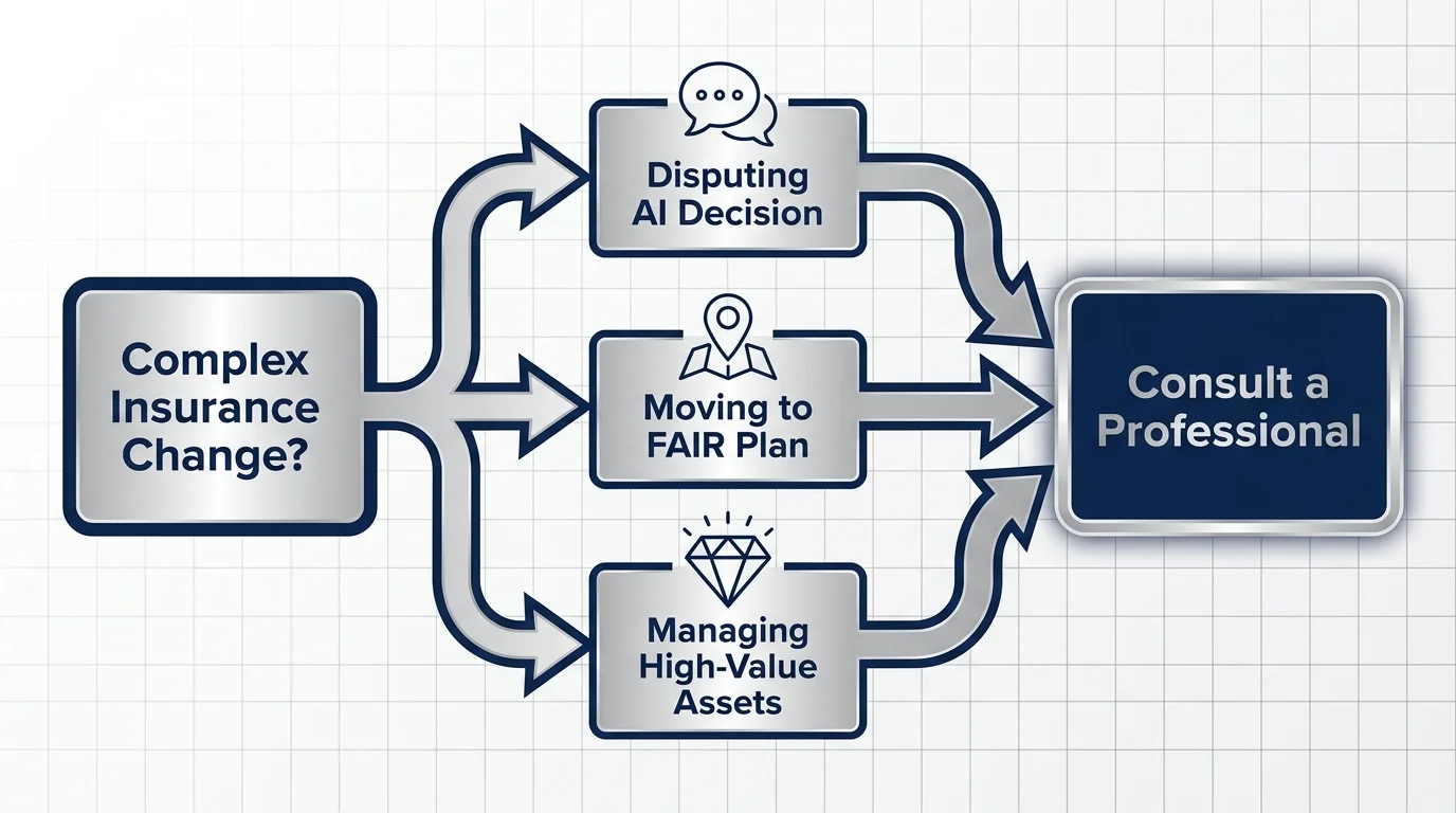 A flowchart showing various scenarios, such as disputing AI decisions, that require professional insurance advice.