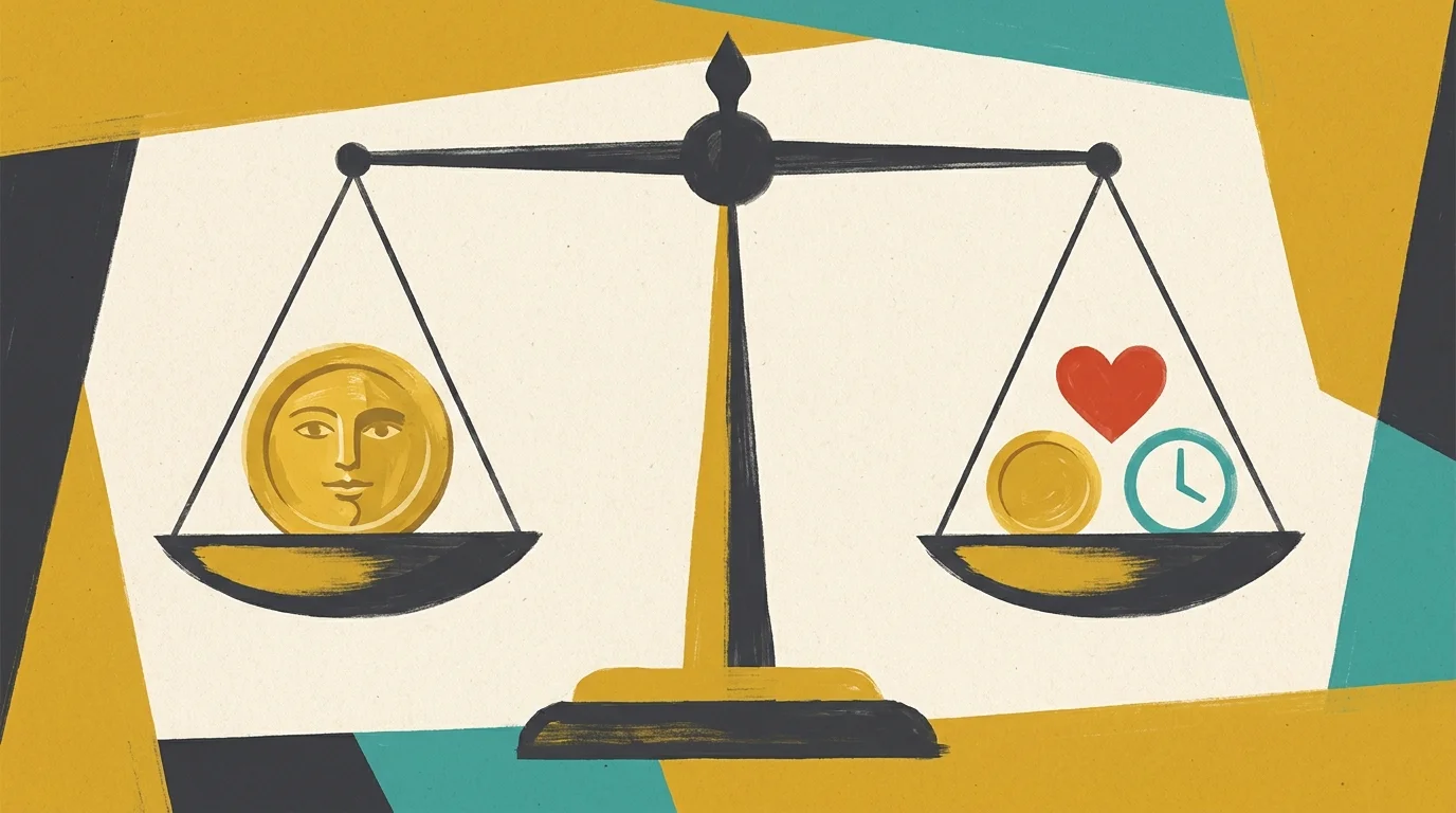 A gouache illustration of a scale balancing a large coin against a collection of symbols representing different needs.