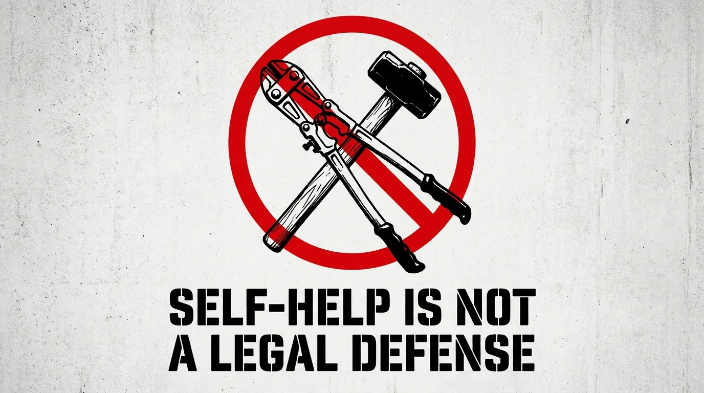 A graphic illustration showing bolt cutters and a sledgehammer inside a red 'no' symbol with a legal warning.