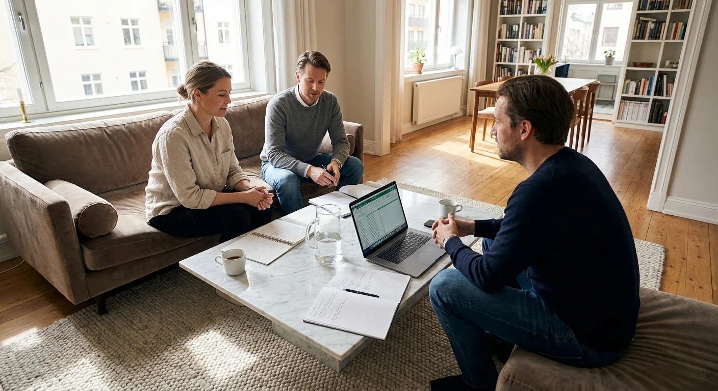 A group of people in casual clothes hold a business meeting in a bright, modern residential living room.