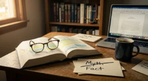 A home office desk with legal books, reading glasses, and index cards labeled Myth and Fact.