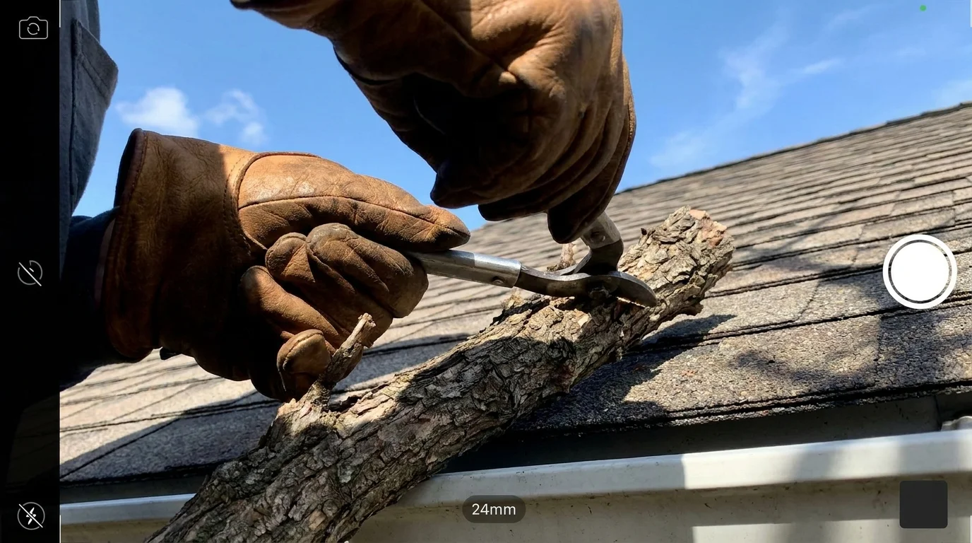 A homeowner trimming tree branches away from their roof to reduce property risk and maintain insurance coverage.