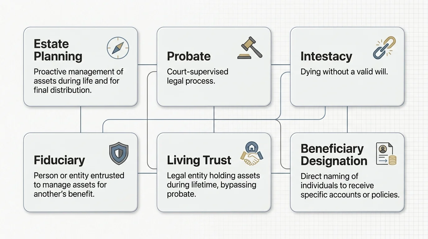 A horizontal diagram defining legal terms like Probate, Fiduciary, and Living Trust with clear labels and minimalist icons.