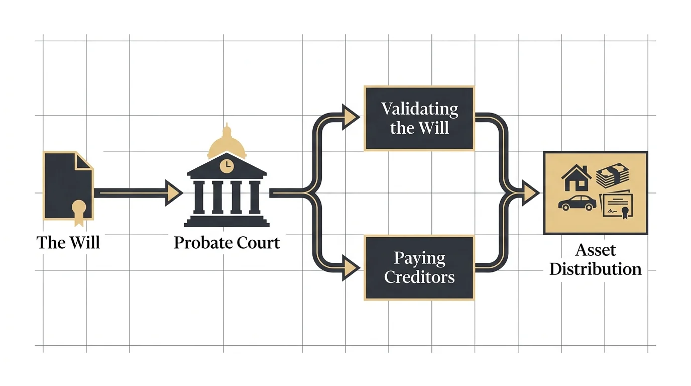 A horizontal flowchart showing the steps of the probate process from the will to the final distribution of assets.