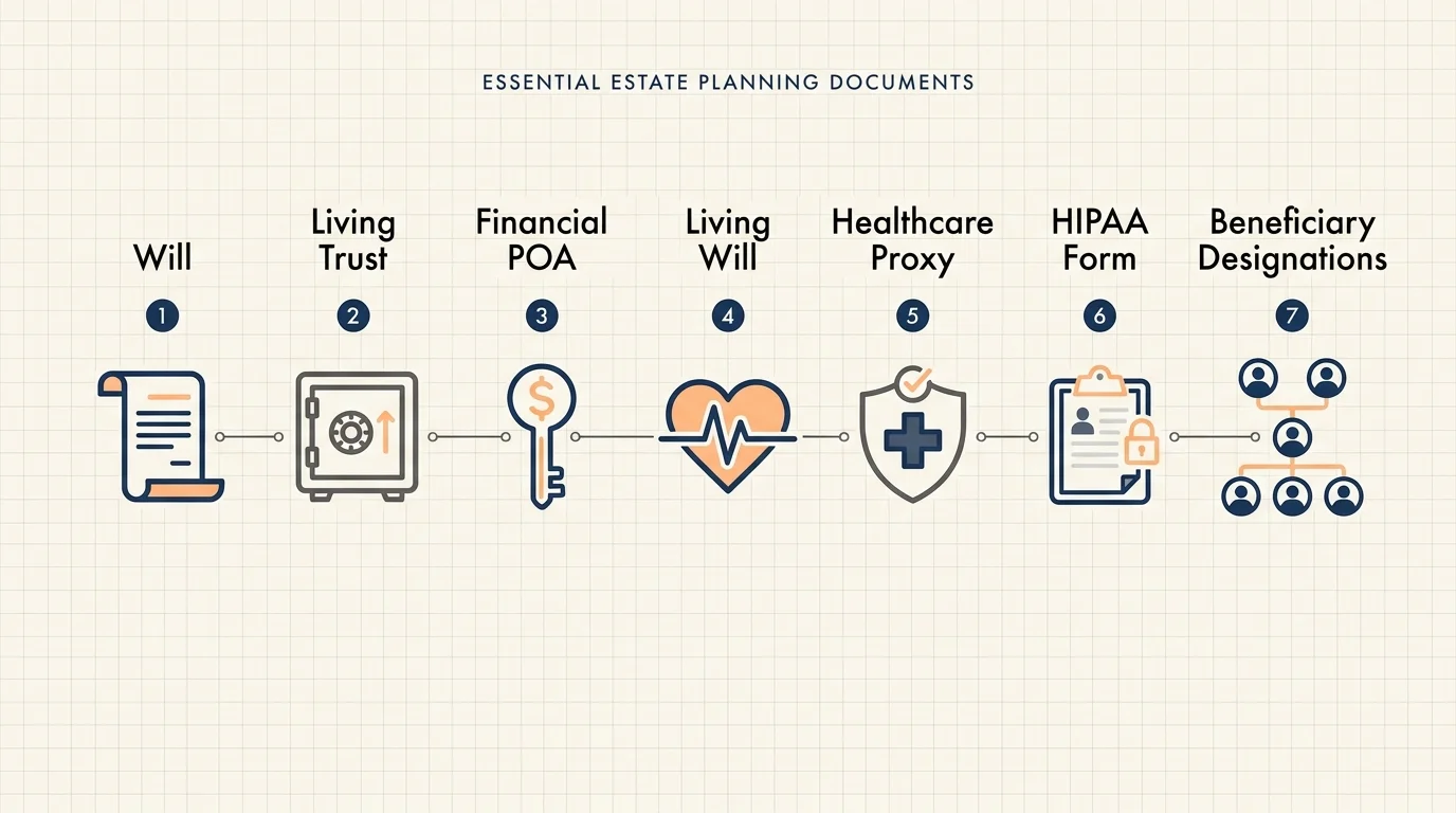 A horizontal infographic listing the 7 essential legal documents: Will, Trust, POA, Healthcare Directive, Proxy, HIPAA, and Beneficiaries.