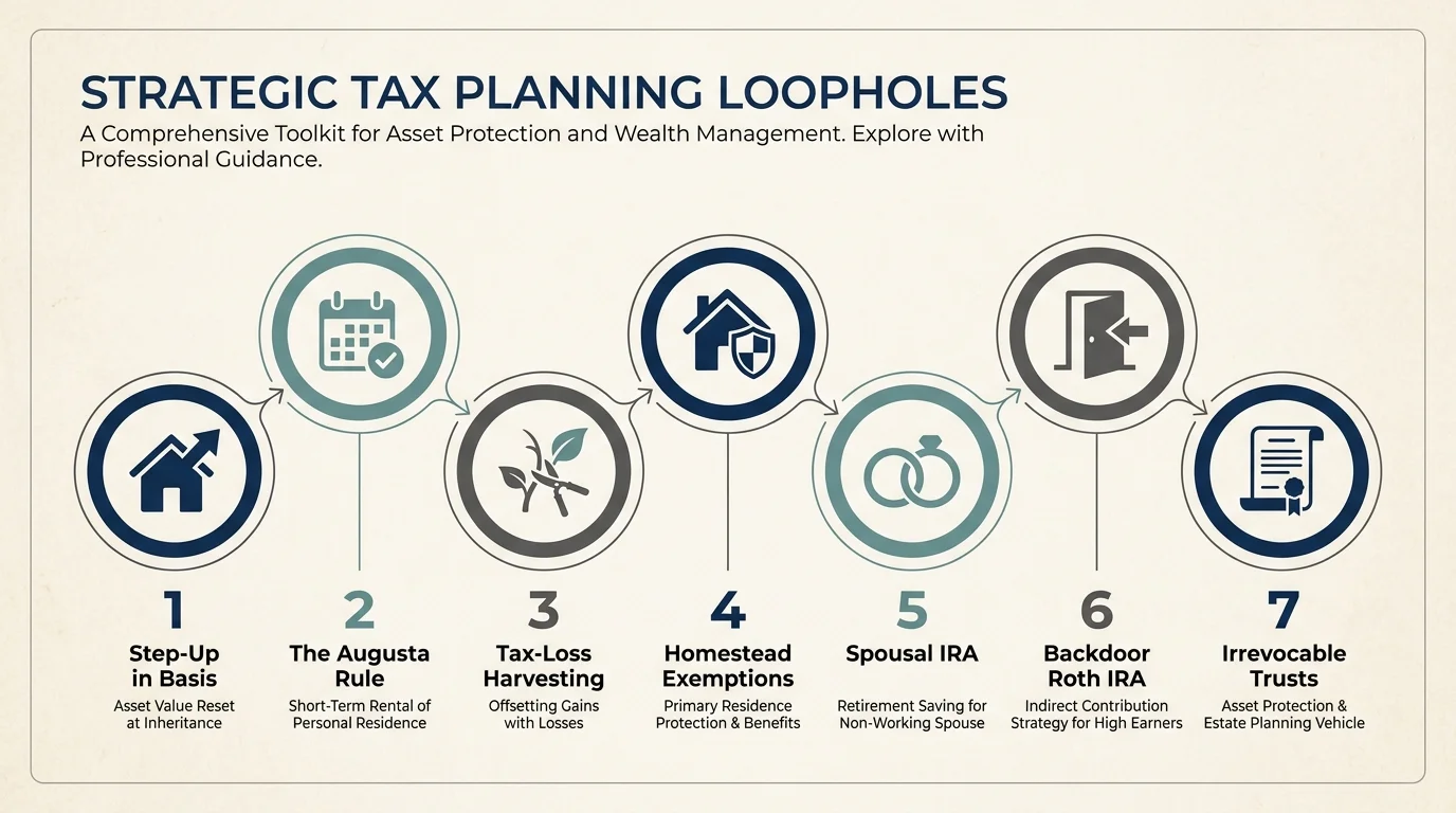 A horizontal infographic showing seven icons representing legal financial strategies for American families.