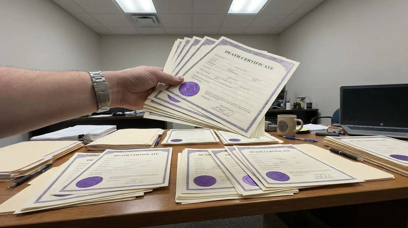 A large stack of official death certificates fanned out on a desk, being counted by a person.