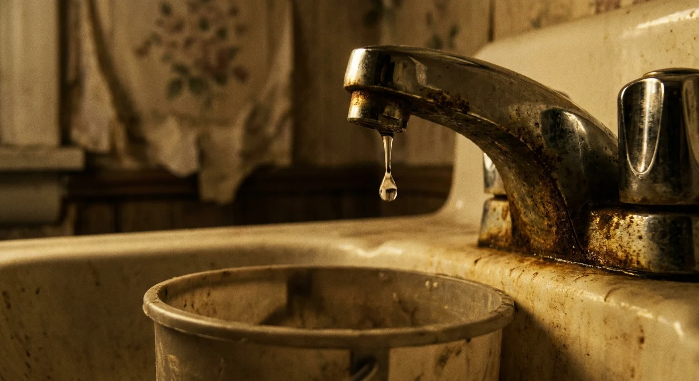 A macro photograph of a leaking faucet dripping into a bucket, showing signs of neglect and rust.