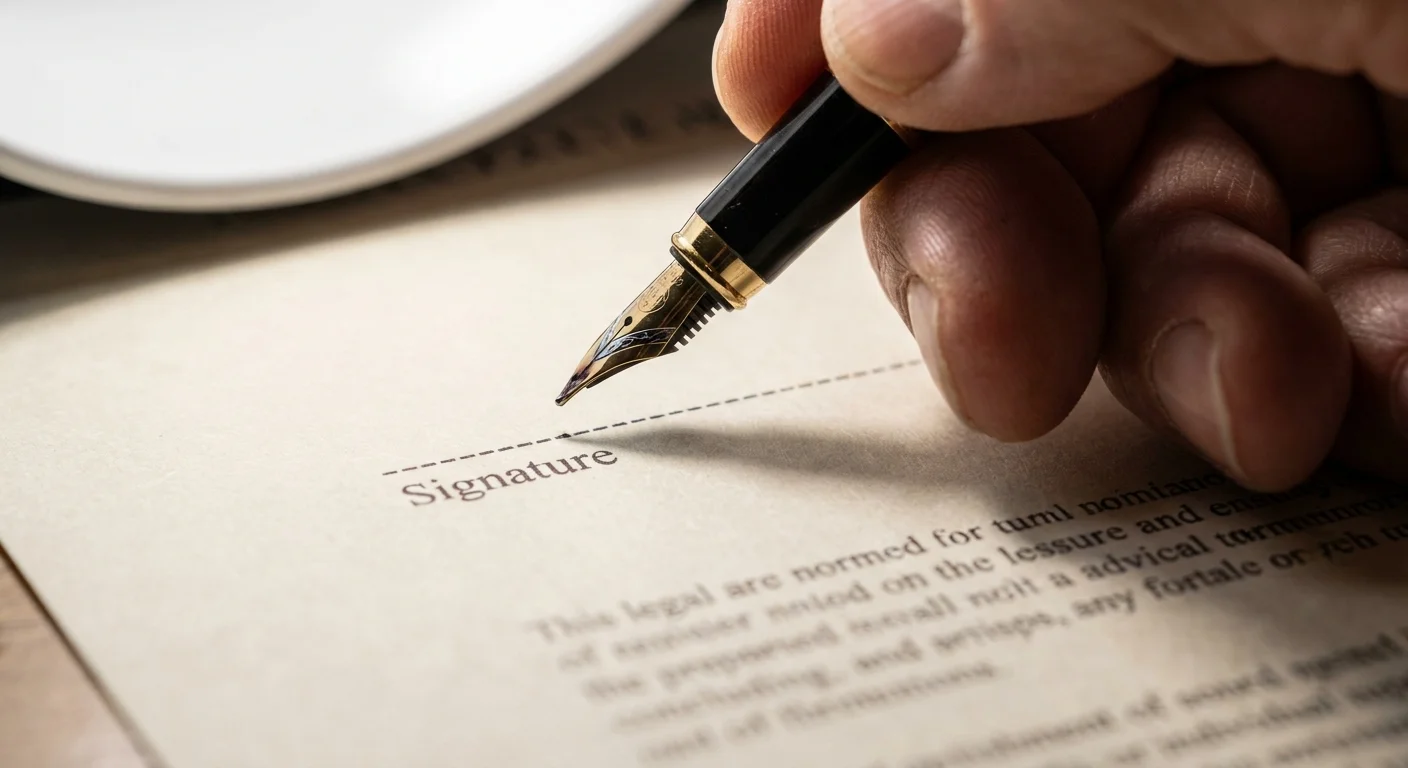 A macro shot of a pen tip about to sign a document, with the word 'Signature' visible on the page.