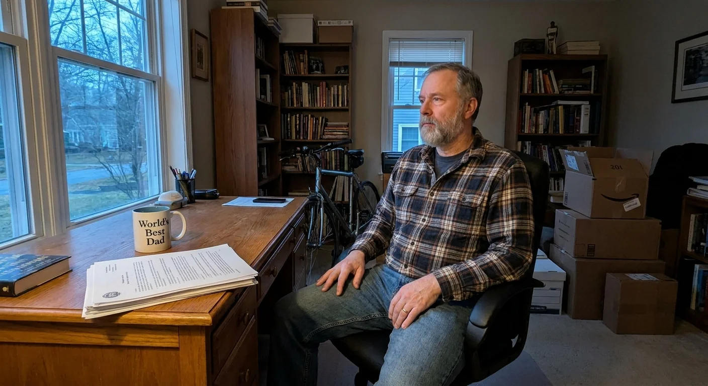 A man in a flannel shirt sitting in his home office, looking out the window thoughtfully.