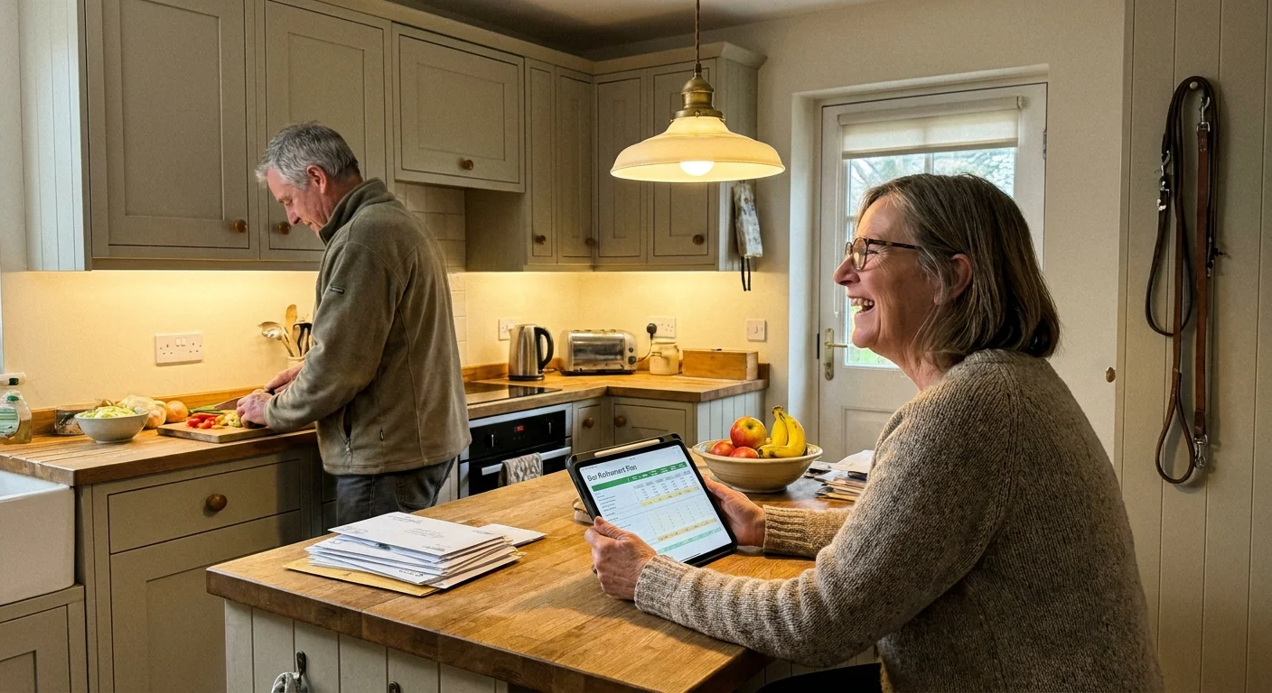 A mature couple in a cozy kitchen, one preparing food while the other looks at a tablet, sharing a lighthearted moment.