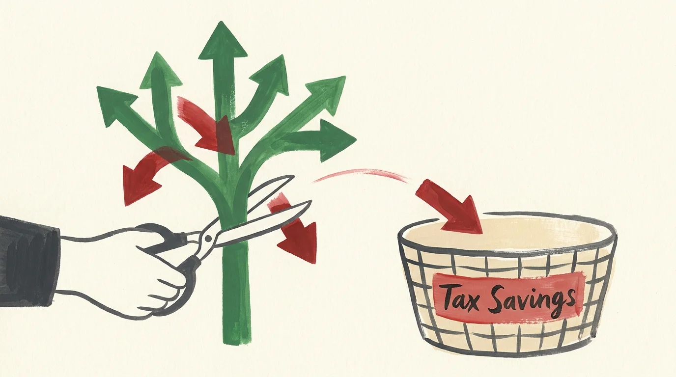 A minimalist illustration of a hand pruning red 'loss' arrows from a plant to put them into a 'Tax Savings' basket.