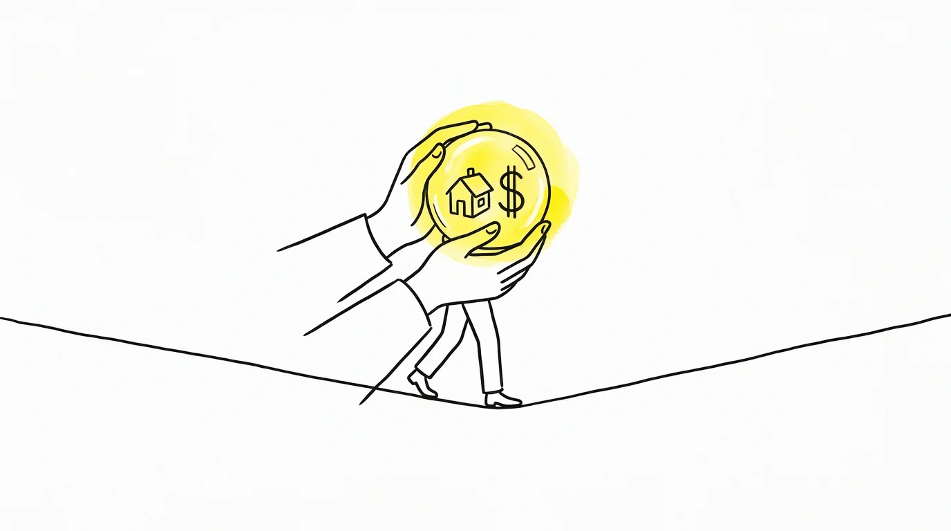 A minimalist ink drawing of a person carefully balancing a glowing orb containing assets while walking a tightrope.
