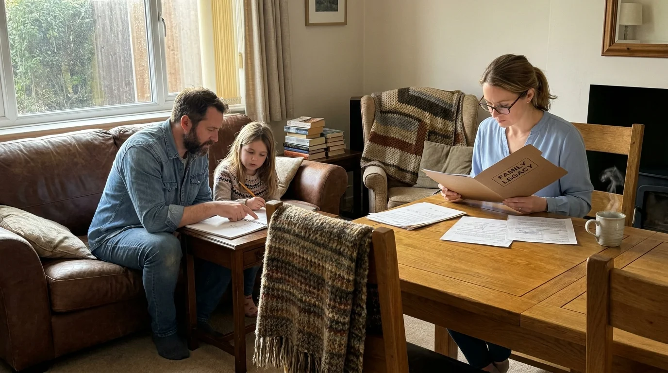 A mother organizes legal documents at a dining table while her husband and daughter sit on a sofa in a sunlit, cozy living room.