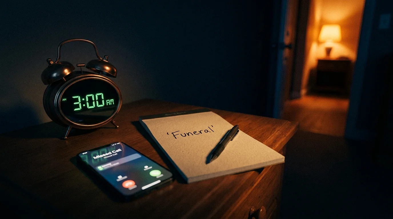 A nightstand with an alarm clock, a smartphone, and a notepad with 'Funeral' written on it in dim light.
