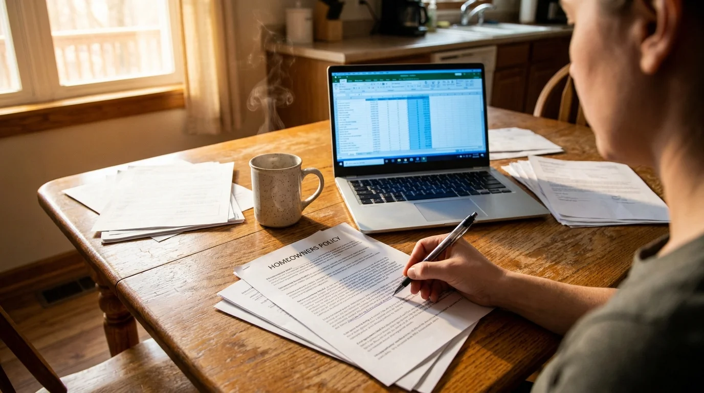 A person at a kitchen table reviewing insurance documents and a laptop, taking a proactive approach to their coverage.