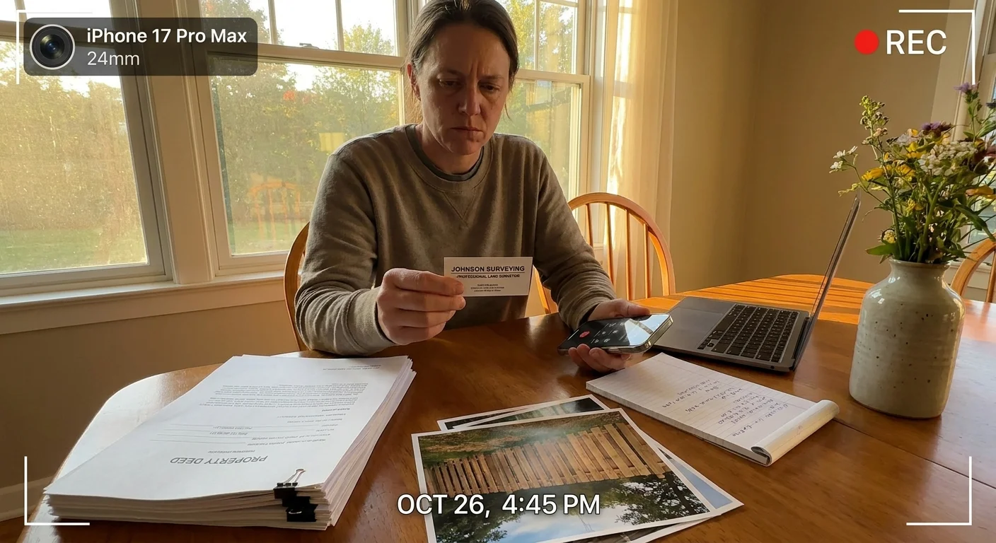 A person at a table holding a surveyor's business card and a phone, preparing to call for professional help.