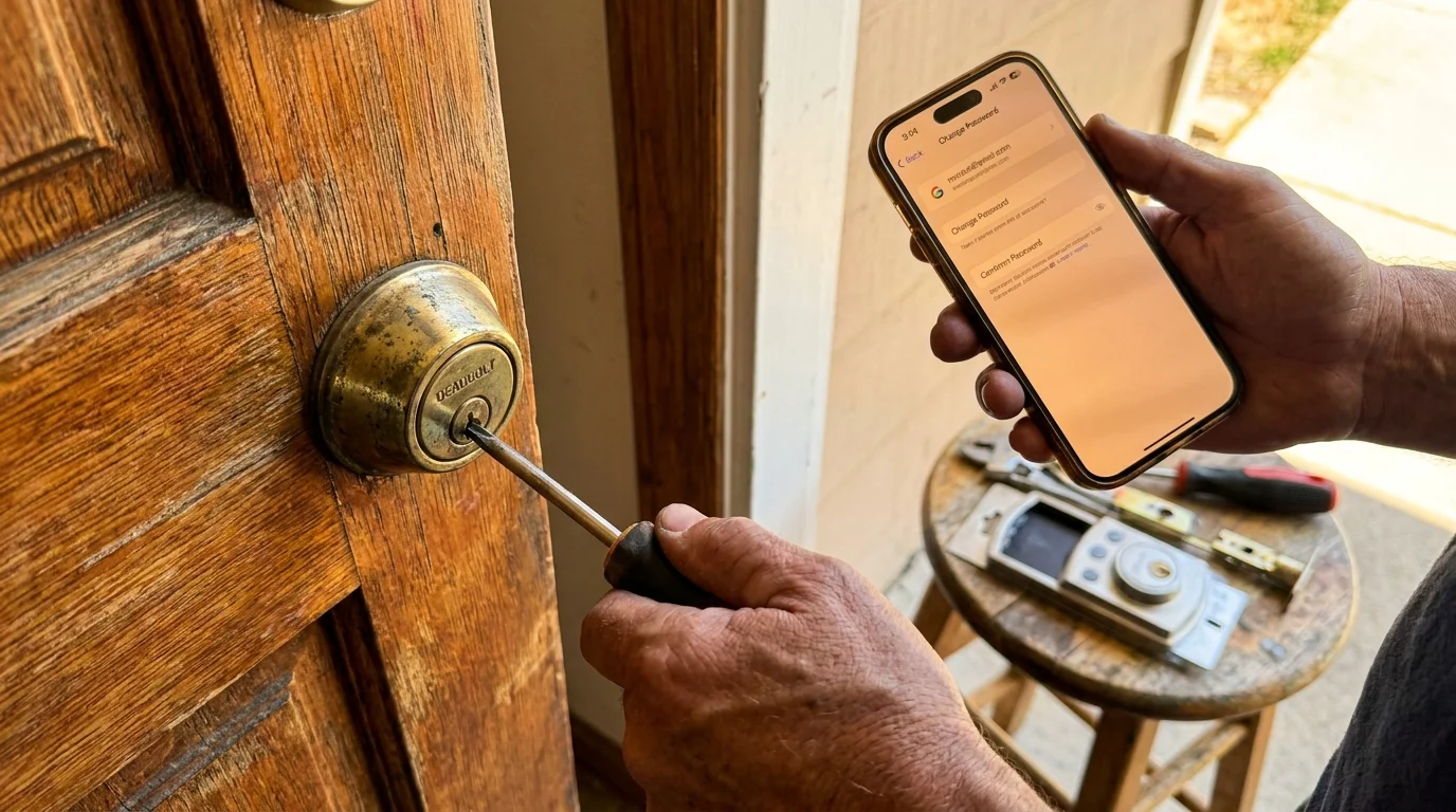 A person changing a door lock while holding a phone showing a password change screen.