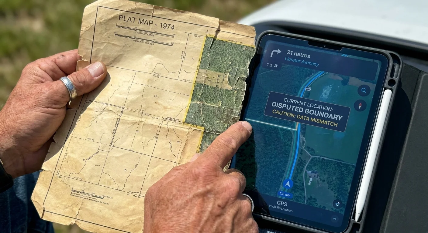 A person comparing an old paper property map from 1974 to a modern map on a tablet screen.