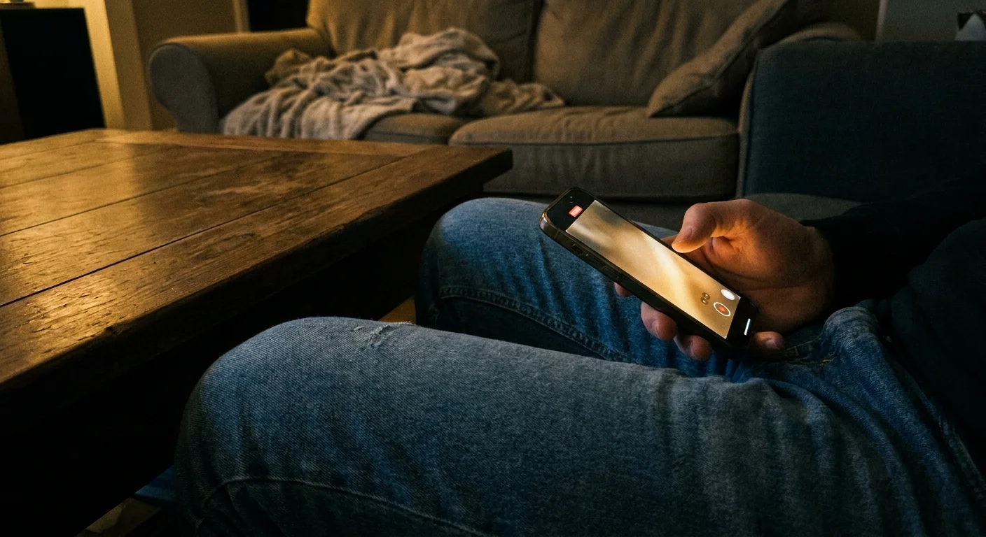 A person holding a recording phone under a table in a dimly lit home setting.