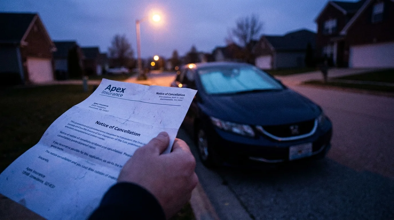 A person holding an insurance cancellation notice with their car parked on a suburban street at dusk.