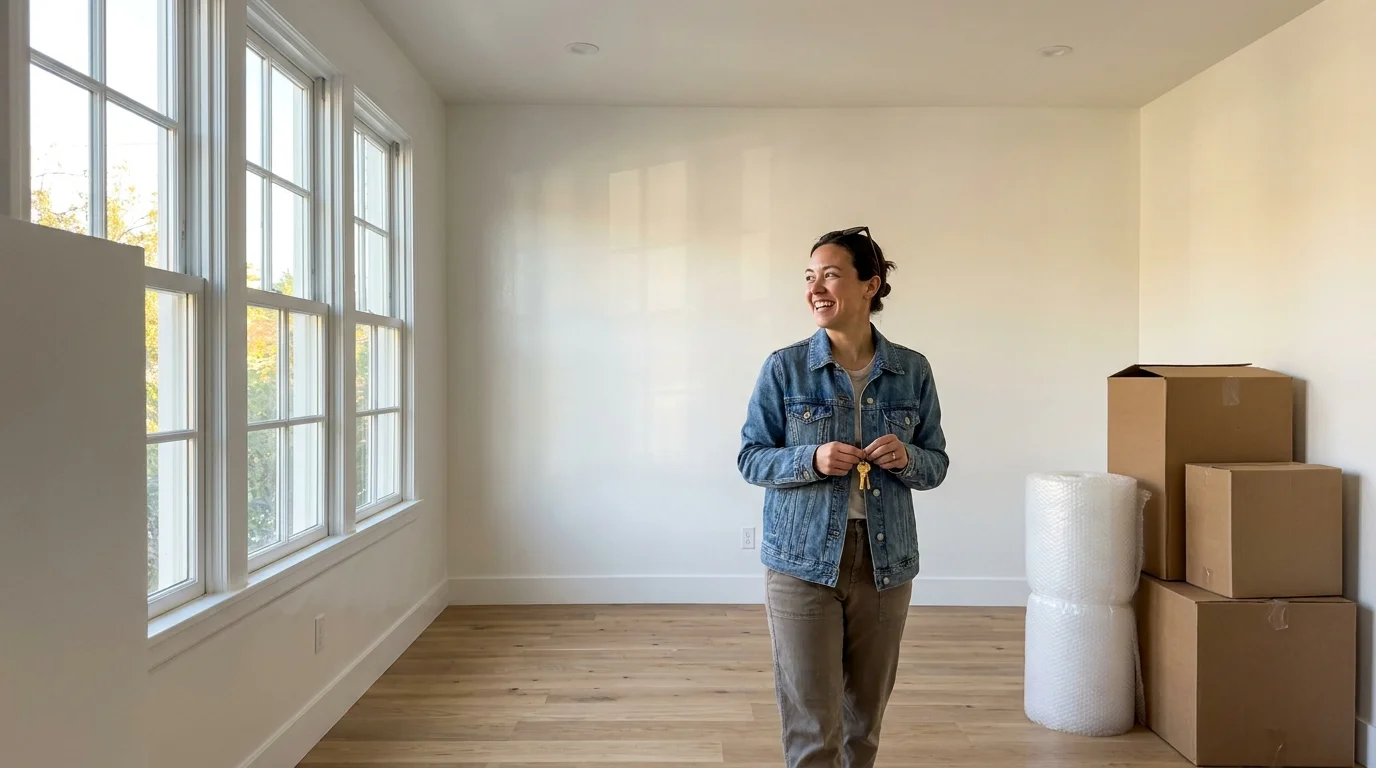 A person in a newly renovated room holding keys, representing a major property change that requires an insurance update.