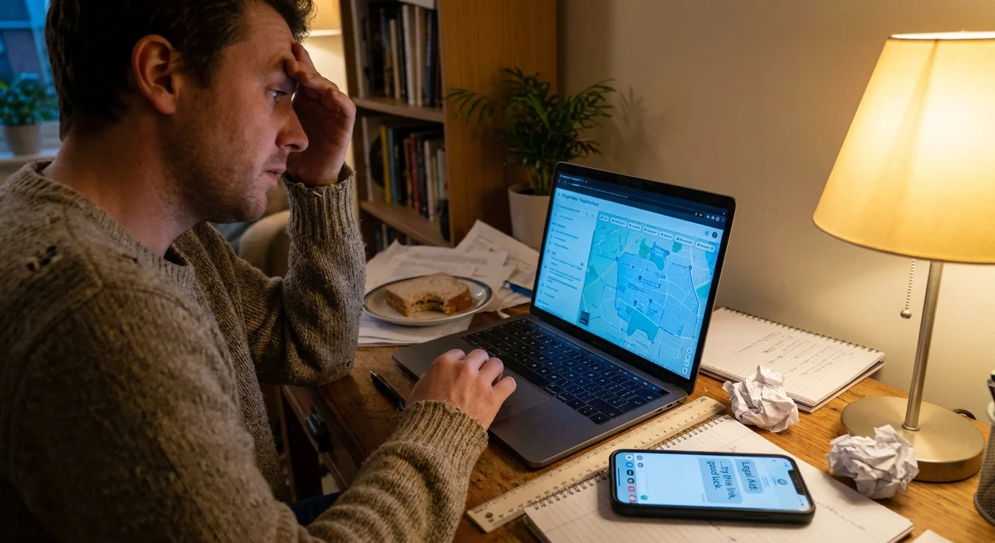 A person looking stressed at a desk covered in papers while looking at a map on their laptop.
