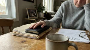 A person sitting at a kitchen table with a stack of estate planning documents, a mug of tea, and a planner in soft afternoon light.