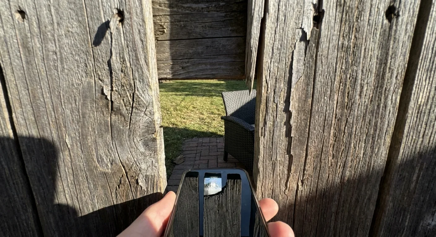 A person using a smartphone to record through a gap in a wooden backyard fence.